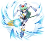  1girl android facing_viewer full_body green_hair helmet highres holding holding_weapon leg_up mizuno_keisuke official_art pandora_(rockman) red_eyes rockman rockman_x_dive rockman_zx solo staff transparent_background weapon 