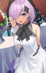 1girl :d absurdres arm_behind_back bare_shoulders breasts city_lights commentary cuffs curtains dress fate/grand_order fate_(series) flower hair_ornament hair_over_one_eye hand_up highres large_breasts mash_kyrielight open_mouth purple_eyes purple_hair short_hair smile solo suiroh_(shideoukami) table under_the_same_sky vase white_dress 