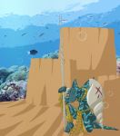  anthro armor blue_body clothed clothing collar detailed_background eyes_closed fish holding_object holding_weapon male marine melee_weapon partially_clothed polearm sand sand_castle saruuk sculpture shark solo spear underwater water weapon 
