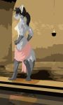  anthro black_hair breasts butt canid canine canis claws detailed_background female fluffy fluffy_tail fur grey_body grey_fur hair hi_res mammal multicolored_body multicolored_fur open_mouth saruuk solo towel wolf 