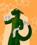  anthro green_body green_eyes horn lizard male multicolored_body muscular muscular_anthro muscular_male reptile saruuk scalie simple_background solo two_tone_body 