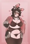  &lt;3 anthro beauty_mark black_hair blush bra breasts cleavage clothed clothing female fur garter_straps grey_body grey_fur hair hi_res lagomorph leporid lingerie mammal mature_female overweight overweight_anthro overweight_female panties rabbit smile solo spottymichi thick_thighs underwear undressing white_body white_fur wide_hips 