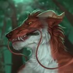  1:1 2020 ambiguous_gender anthro asian_mythology barbel_(anatomy) blurred_background brown_body brown_fur brown_lips bust_portrait canopy cigar countershade_face countershade_fur countershading curved_horn day detailed_background digital_media_(artwork) dragon east_asian_mythology eastern_dragon fangs flesh_whiskers forest fur furred_dragon horn lips looking_aside looking_at_viewer low-angle_view mythology portrait pupils sharp_teeth shwonky slit_pupils smoke smoking snout solo teeth tree white_body white_countershading white_fur yellow_eyes 