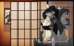  anthro black_hair blue_eyes breasts canid canine canis clothed clothing detailed_background eyewear female fluffy fluffy_tail fur genitals glasses grey_body grey_fur hair mammal multicolored_body multicolored_fur partially_clothed pussy saruuk smile solo wolf 