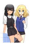  2girls andou_(girls_und_panzer) arm_support bangs bc_freedom_school_uniform black_dress black_eyes black_hair blonde_hair blue_eyes blue_neckwear blue_sweater commentary dark_skin diagonal_stripes dress dress_shirt eyebrows_visible_through_hair girls_und_panzer hand_on_own_thigh leg_up looking_at_viewer medium_hair messy_hair multiple_girls necktie no_neckwear open_mouth oshida_(girls_und_panzer) parted_lips pinafore_dress pleated_dress red_neckwear school_uniform shirt short_dress short_sleeves sitting smile standing striped striped_neckwear summer_uniform sweater sweater_vest tan3charge white_shirt wing_collar 