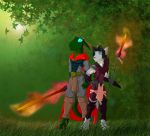  anthro armor black_hair blue_eyes breasts canid canine canis cape claws clothed clothing detailed_background duo female fire fluffy fluffy_tail fur green_body grey_body grey_fur hair holding_object holding_weapon horn lizard male mammal melee_weapon multicolored_body multicolored_fur polearm reptile saruuk scalie smile spear sword two_tone_body two_tone_fur weapon wolf 