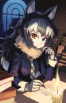  3girls animal_ears blue_eyes blush book candle commentary_request drawing eyebrows_visible_through_hair fur_collar gloves grey_hair grey_wolf_(kemono_friends) heterochromia highres kaban_(kemono_friends) kemono_friends long_hair long_sleeves looking_at_viewer lucky_beast_(kemono_friends) meraton multicolored_hair multiple_girls navy_blue_jacket necktie pencil_skirt plaid_neckwear serval_(kemono_friends) sitting skirt sleeve_cuffs white_fur white_gloves white_hair wolf_ears wolf_girl yellow_eyes 
