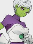  1girl bodysuit breasts cheelai closed_mouth dragon_ball dragon_ball_super dragon_ball_super_broly gloves green_skin grey_background kemachiku looking_at_viewer medium_breasts purple_bodysuit purple_eyes short_hair simple_background smile solo white_gloves white_hair 