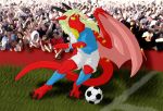  anthro blonde_hair claws clothed clothing detailed_background dragon hair horn human male mammal multicolored_body red_body saruuk soccer solo sport two_tone_body wings yellow_body yellow_eyes 