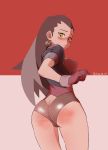  1girl absurdres alternate_hairstyle ass blush breasts brown_hair earrings from_behind gloves green_eyes hair_pulled_back highres jewelry large_breasts leotard long_hair looking_back rockman rockman_dash simple_background slap_mark tearing_up tron_bonne ttugi_14 