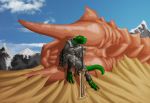  anthro armor claws clothed clothing detailed_background green_body green_eyes holding_object holding_weapon horn lizard male melee_weapon reptile saruuk scalie sitting solo sword weapon 