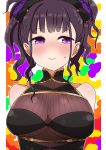  1girl arms_behind_back bangs bare_shoulders black_hair black_swimsuit blush breasts closed_mouth collarbone eyebrows_visible_through_hair fate/grand_order fate_(series) flower hair_flower hair_ornament highres i.u.y large_breasts looking_at_viewer murasaki_shikibu_(fate) murasaki_shikibu_(swimsuit_rider)_(fate) one-piece_swimsuit purple_eyes purple_flower purple_rose rose sidelocks smile solo sweat swimsuit upper_body 