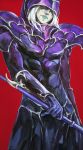  1boy abs aqua_eyes aqua_lips aqua_lipstick armor closed_mouth covered_abs dark_magician facial_mark gloves highres holding holding_staff labombardier! lipstick makeup male_focus muscle pauldrons purple_gloves red_background shaded_face shoulder_armor simple_background solo staff standing white_hair yuu-gi-ou 