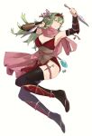  1girl alternate_costume arm_guards armpits arms_up bare_shoulders black_legwear breasts cleavage commentary dress fire_emblem fire_emblem_awakening fire_emblem_heroes full_body green_eyes green_hair hair_ornament headgear highres holding holding_weapon japanese_clothes kunai legs manakete ninja pelvic_curtain pointy_ears red_dress sakuremi sandals scarf shin_guards skindentation sleeveless tabi thigh_strap thighhighs thighs tiki_(fire_emblem) weapon white_background 