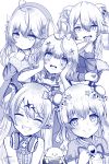  5girls ahoge animal_ears astraea_(atelierastraea) asymmetrical_horns bangs bare_shoulders bell beret bow bowtie bun_cover club_(shape) club_hair_ornament commentary_request daifuku_(lamy_channel) demon_horns diamond_(shape) diamond_hair_ornament eyebrows_visible_through_hair fangs flower fox_ears hair_flower hair_ornament hat headphones headphones_around_neck heart heart-shaped_pupils heart_hair_ornament highres holofive hololive horn_bow horns jingle_bell lion_ears long_hair looking_at_viewer mano_aloe momosuzu_nene monochrome multiple_girls omaru_polka pointy_ears shirt shishiro_botan sleeveless sleeveless_shirt smile spade_(shape) spade_hair_ornament symbol-shaped_pupils virtual_youtuber yukihana_lamy 