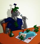  ambiguous_gender anthro cake clothed clothing cutlery food green_body green_eyes grey_body group hair holding_object kitchen_utensils lizard male multi_arm multi_limb red_hair reptile saruuk scalie sitting smile spoon tools 