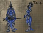  anthro armor black_hair blue_body breasts clothed clothing female gun hair headgear helmet holding_gun holding_object holding_weapon lizard muscular muscular_anthro muscular_female non-mammal_breasts partially_clothed ranged_weapon reptile rifle saruuk scalie simple_background solo weapon 