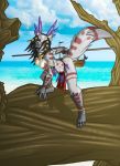  anthro black_hair blue_eyes breasts canid canine canis clothed clothing detailed_background female fluffy fluffy_tail fur grey_body grey_fur hair holding_object holding_weapon mammal multicolored_body multicolored_fur partially_clothed saruuk solo stick tattoo two_tone_body two_tone_fur weapon wolf 
