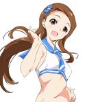  1girl :d blue_bow blue_sailor_collar blush bow brown_hair hair_bow hand_on_hip idolmaster idolmaster_(classic) long_hair looking_at_viewer minase_iori navel open_mouth red_eyes sailor_collar sailor_swimsuit_(idolmaster) smile solo umanosuke upper_body 