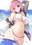 1girl bangs bare_shoulders bikini blue_sky blush breasts cleavage closed_mouth commentary_request fate/grand_order fate_(series) grey_jacket hair_over_one_eye highres jacket large_breasts lavender_hair long_sleeves looking_at_viewer mash_kyrielight navel netarou open_clothes open_jacket purple_eyes short_hair sky smile solo swimsuit swimsuit_of_perpetual_summer thighs white_bikini 