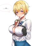  1girl belt black_gloves blonde_hair blue_eyes blue_neckwear blue_skirt blush bow bowtie breast_hold breasts bubble_tea_challenge check_translation cleavage closed_mouth covered_nipples cup drinking eyebrows_visible_through_hair girls_frontline gloves hand_on_breast highres korean_commentary korean_text large_breasts looking_at_viewer mole mole_under_eye open_eyes pengrani shirt short_hair skirt solo translation_request vsk-94_(girls_frontline) white_background white_shirt 
