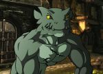  anthro detailed_background fangs green_body male multicolored_body muscular muscular_anthro muscular_male reptile saruuk scalie scar solo two_tone_body yellow_sclera 