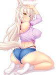  :q animal_ears ass blue_eyes blush breasts cat_ears cat_tail coconut_(nekopara) denim denim_shorts hand_on_head heterochromia highres large_breasts long_hair looking_at_viewer looking_back nekopara no_shoes nottytiffy panties patreon_username platinum_blonde_hair purple_shirt shirt short_shorts shorts simple_background slit_pupils smile soles tail tongue tongue_out underwear white_background yellow_eyes 