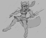  2020 4_toes anthro biped bottomwear breasts canid canine canis chest_tuft claws clothed clothing digital_media_(artwork) female grey_background greyscale holding_object holding_weapon mammal melee_weapon monochrome sai shorts shoulder_pads simple_background solo toe_claws toes tuft watsup weapon wolf 