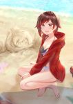  2girls absurdres beach blush breasts brown_hair cleavage collarbone commentary_request day eyebrows_visible_through_hair full_body gradient_hair highres jacket long_sleeves looking_at_viewer multicolored multicolored_hair multiple_girls open_mouth ottey outdoors red_hair ruby_rose rwby sand short_hair silver_eyes sitting solo swimsuit teeth tongue two-tone_hair water weiss_schnee 