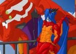  anthro blue_hair clothed clothing detailed_background dragon hair horn humanoid machine male muscular muscular_male red_body robot saruuk solo white_body wings 