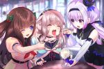  .live 3girls absurdres animal_ears blurry blurry_background brown_hair carro_pino commentary_request feeding force_feeding highres kakyouin_chieri lavender_hair long_hair mokota_mememe multiple_girls one_eye_closed open_mouth pink_hair school_uniform sheep_ears spoon table thick_eyebrows tooi_aoiro virtual_youtuber 