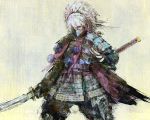  1boy armor black_gloves check_weapon fingerless_gloves gloves green_eyes hair_between_eyes holding holding_sword holding_weapon japanese_armor labombardier! long_hair male_focus mask mouth_mask ootachi painterly ponytail samurai samurai_spirits solo sword weapon white_hair yashamaru_kurama 