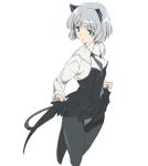  1girl animal_ears black_legwear black_skirt cat_ears cat_tail grey_hair lifted_by_self looking_to_the_side panties panties_under_pantyhose pantyhose sanya_v_litvyak short_hair simple_background skirt skirt_lift solo strike_witches tail umanosuke underwear white_background white_panties world_witches_series 