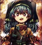 1girl :d andanon apron blue_hair chisel haniyasushin_keiki headdress highres long_hair looking_at_viewer magatama open_mouth red_eyes smile solo touhou upper_body wily_beast_and_weakest_creature 