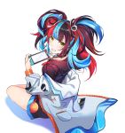  1girl absurdres bangs black_hair black_sailor_collar black_shirt blue_hair blue_nails breasts censored fate/grand_order fate_(series) grin hair_ornament highres holding jacket jeffrey10 long_sleeves looking_back mosaic_censoring multicolored_hair nintendo_switch off-shoulder_jacket playing_games red_hair sailor_collar sei_shounagon_(fate) shadow shirt sitting smile solo twintails white_background white_jacket yellow_eyes 