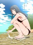  1girl absurdres beach bikini black_bikini black_hair breast_press breasts candy cloud commentary_request food foreshortening futago_imouto_(kakitama) highres kakitama large_breasts lollipop long_hair looking_at_viewer messy_hair original parted_lips sand sideboob sky solo squatting swimsuit translation_request water 