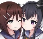  1girl anchor black_hair blue_sailor_collar brown_eyes brown_hair cheek-to-cheek commentary_request furutaka_(kantai_collection) kantai_collection neckerchief one_eye_closed red_eyes sailor_collar school_uniform serafuku short_hair short_hair_with_long_locks sidelocks solo tiemu_(man190) tokitsukaze_(kantai_collection) upper_body yellow_neckwear 