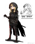  1girl armor bangs black_cloak blonde_hair blue_eyes blunt_bangs blush bottle breastplate cloak closed_mouth dark_souls dark_souls_iii english_text estus_flask eyebrows_visible_through_hair fumafu gauntlets glass_bottle greaves highres holding holding_bottle hood hood_up katana knife light_blush medium_hair pauldrons pointing scabbard sheath sheathed shoulder_armor simple_background sketch solo souls_(from_software) standing sword torn_cloak torn_clothes twitter_username vambraces weapon white_background you_died 