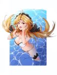  1girl absurdres ahoge bikini blonde_hair blush breasts cleavage collarbone eyebrows_visible_through_hair from_above girls_frontline hair_ribbon hairband hand_on_own_face highres long_hair looking_at_viewer medium_breasts navel open_clothes open_eyes purple_eyes ribbon s-acr_(girls_frontline) saett simple_background solo swimsuit water white_bikini white_swimsuit yandere 