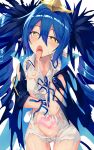  1girl absurdres bangs bare_shoulders blue_hair blush bombergirl breasts drill_hair eyebrows_visible_through_hair gloves groin hair_between_eyes heart heart-shaped_pupils highres lewisia_aquablue long_hair looking_at_viewer open_mouth pointy_ears pubic_tattoo small_breasts solo symbol-shaped_pupils tail tattoo tongue tongue_out torn_clothes twin_drills twintails wrist_cuffs yellow_eyes yoshika_(music480069) 