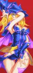  1girl areola_slip areolae arm_up armpits ass_visible_through_thighs blonde_hair blush blush_stickers dark_magician_girl duel_monster green_eyes helmet highres labombardier! long_hair looking_at_viewer red_background simple_background solo staff thigh_gap yuu-gi-ou yuu-gi-ou_duel_monsters 