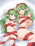  2girls absurdres blade_ride breasts closed_mouth fire_emblem fire_emblem:_mystery_of_the_emblem fire_emblem_awakening green_eyes green_hair highres long_hair multiple_girls naked_ribbon nipples parted_lips pointy_ears ponytail ribbon tiara tiki_(fire_emblem) twitter_username 