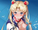  1girl angry areolae bangs bdsm bishoujo_senshi_sailor_moon blonde_hair blue_eyes blue_sailor_collar blush breasts bukkake chain clenched_teeth collar collarbone commentary crescent crescent_earrings cum cum_in_mouth cum_on_body cum_on_breasts cum_on_clothes cum_on_floor cum_on_hair cum_on_upper_body derivative_work diadem double_bun earrings facial frown hair_ornament hair_over_shoulder heart_collar highres jewelry leash long_hair medium_breasts nipple_clamps nose_blush open_clothes open_shirt parted_bangs puffy_nipples red_collar sailor_collar sailor_moon sailor_moon_redraw_challenge sailor_senshi_uniform scowl screencap_redraw shirt short_sleeves solo tears teeth tsukino_usagi twintails upper_body white_shirt zhang_xiaozhai 