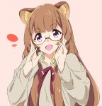  1girl animal_ear_fluff animal_ears bespectacled brown_hair glasses long_hair looking_at_viewer open_mouth pink_background pink_eyes raccoon_ears raccoon_girl raphtalia red-framed_eyewear red_neckwear red_ribbon ribbon semi-rimless_eyewear simple_background smile solo tate_no_yuusha_no_nariagari two-tone_background umanosuke under-rim_eyewear white_background 