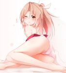  1girl ass brown_eyes hair_ribbon high_ponytail highres kantai_collection light_brown_hair long_hair lying on_side one_eye_closed panties pia_(botamochinjufu) pink_panties ponytail ribbon solo underwear waking_up white_ribbon zuihou_(kantai_collection) 