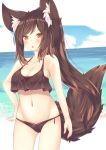  1girl animal_ear_fluff animal_ears ass_visible_through_thighs bangs bare_arms bare_shoulders bikini black_bikini blush breasts brown_hair cleavage commentary_request daidai_ookami day eyebrows_visible_through_hair groin hand_on_hip highres horizon imaizumi_kagerou long_hair medium_breasts navel ocean red_eyes solo standing swept_bangs swimsuit tail touhou very_long_hair water wolf_ears wolf_girl wolf_tail 
