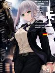  1girl assault_rifle bangs belt black_jacket black_pants blunt_bangs blurry blurry_background blush breasts buckle cityscape closed_mouth collared_shirt commentary cowboy_shot earrings english_commentary english_text eyebrows_visible_through_hair facial_mark floating_hair german_flag girls_frontline gloves green_eyes gun h&amp;k_hk416 heckler_&amp;_koch highres hk416_(girls_frontline) holding holding_gun holding_weapon jacket jewelry large_breasts long_hair looking_at_viewer necktie outdoors pants piukute062 rifle shirt sidelocks signature silver_hair solo teardrop very_long_hair weapon white_shirt wind wind_lift 