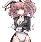  1girl adapted_costume animal_ears atlanta_(kantai_collection) black_coat breasts brown_hair bunny_ears bunny_girl bunnysuit character_name cleavage coat cowboy_shot crossed_arms detached_collar earrings fishnet_legwear fishnets gloves grey_eyes jewelry kantai_collection large_breasts leotard long_hair looking_at_viewer pantyhose partly_fingerless_gloves ribbed_leotard simple_background solo star_(symbol) star_earrings strapless strapless_leotard tailcoat two_side_up uzuki_kosuke white_background white_gloves white_leotard wrist_cuffs 