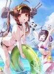  2girls :o absurdres ahoge armpits arms_up azur_lane ball bare_shoulders beachball bikini black_choker blue_sky breasts bright_pupils brown_eyes brown_hair choker closed_eyes cloud day eyewear_on_head highres hiki_niito innertube long_hair looking_at_viewer multiple_girls navel ning_hai_(azur_lane) ning_hai_(summer_hunger)_(azur_lane) ocean outdoors panda ping_hai_(azur_lane) ping_hai_(merry_summer)_(azur_lane) purple_hair red_bikini side-tie_bikini sky small_breasts smile standing stomach summer swimsuit twintails very_long_hair visor_cap wading 