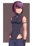  1girl arm_strap bangs belt black_gloves bodysuit breasts commentary_request covered_navel eyebrows_visible_through_hair fingerless_gloves ghost_in_the_shell gloves hair_between_eyes hand_on_hip highres kusanagi_motoko looking_to_the_side pants parted_lips purple_hair putchers short_hair sleeveless solo teeth turtleneck 